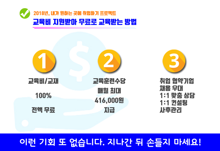 교육특징 - 전액국비지원, 협약기업 취업지원