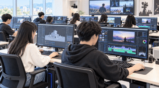 컴퓨터실에서 영상 편집과 3D 작업을 하는 학생들